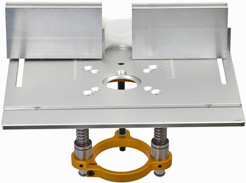 Aluminium router lift insert plate with central circular 65mm opening and support arms.
