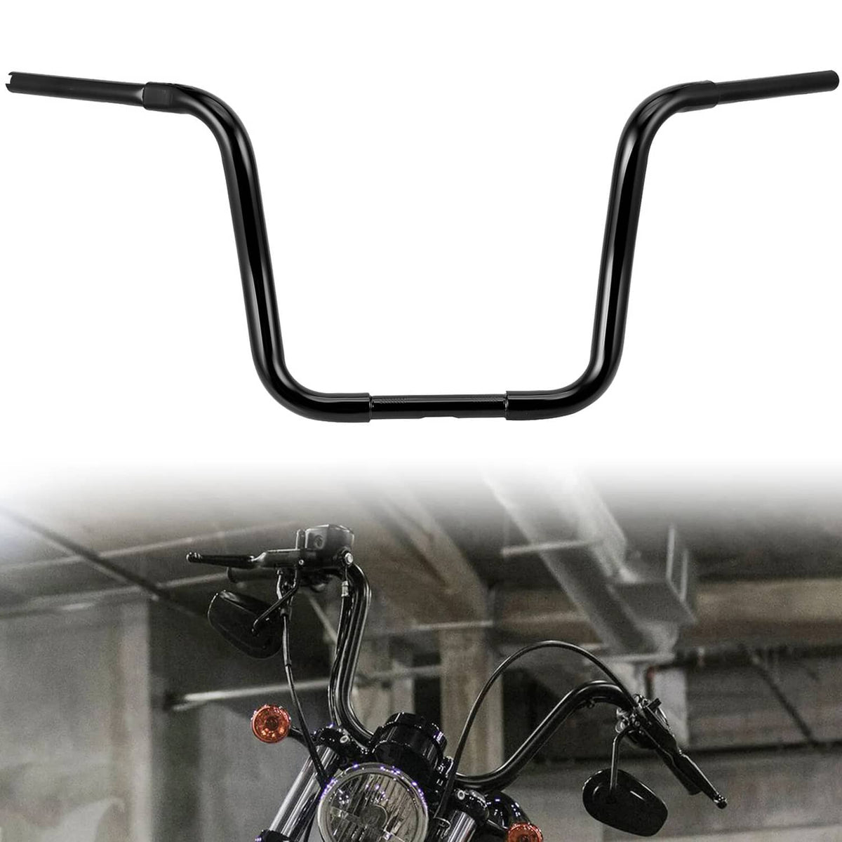 Black ape hanger handlebar set with curved rise and straight crossbar