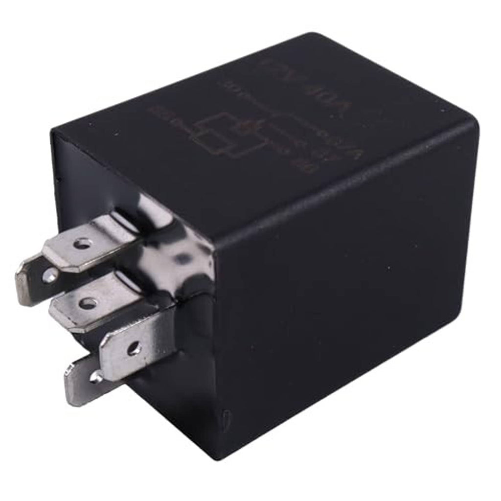 Black 5-pin time delay relay, cube housing with three screw terminals on side