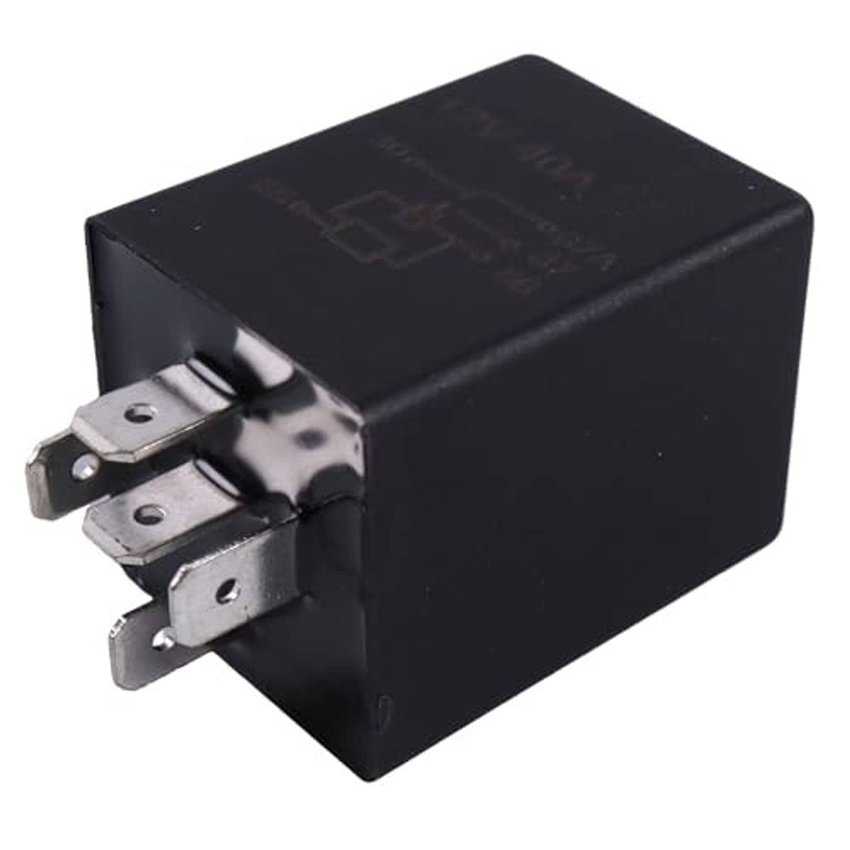 Black 5-pin time delay relay, cube housing with three screw terminals on side