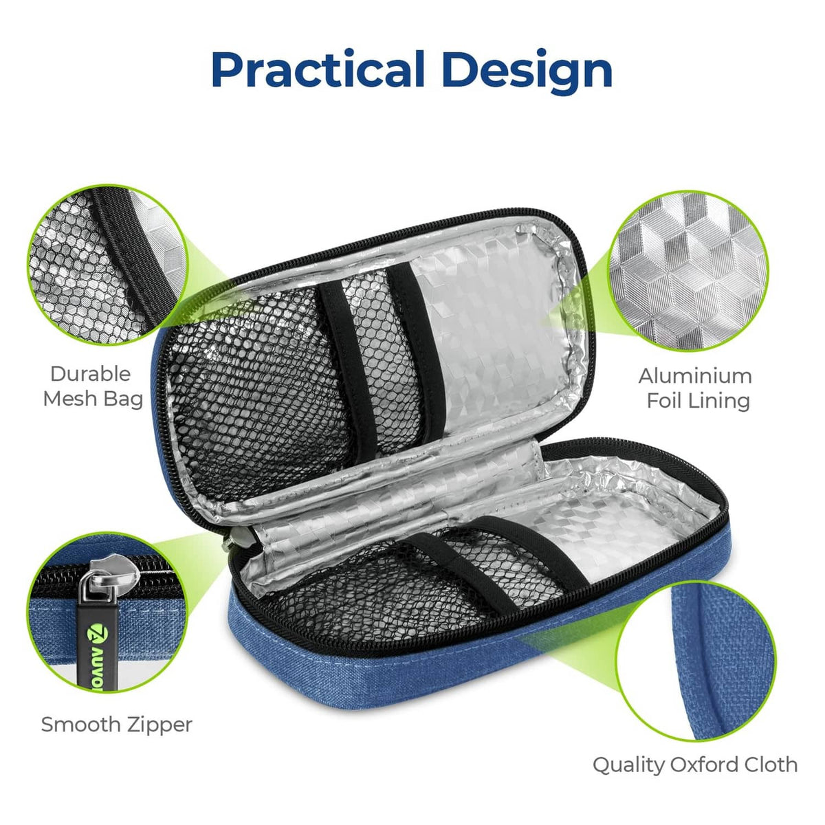 Open blue cooler case with aluminum foil lining, mesh section, and smooth zipper