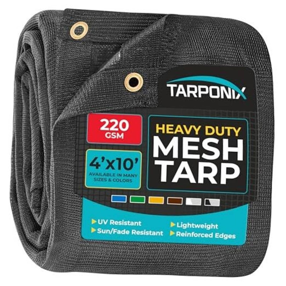 Black heavy duty mesh shade tarp roll with reinforced edges and brass grommets