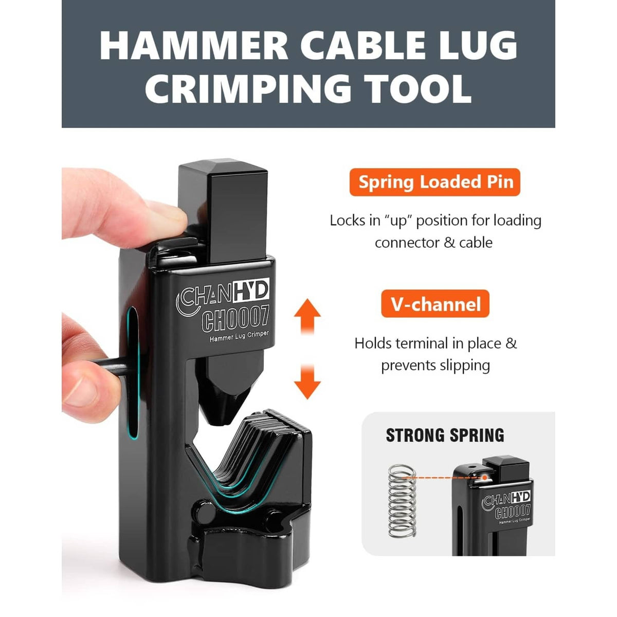 Black hammer cable lug crimping tool with die channel for terminal gripping