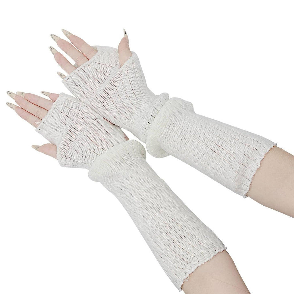 Pair of white fingerless knitted arm warmers with pink star motifs and thumb openings