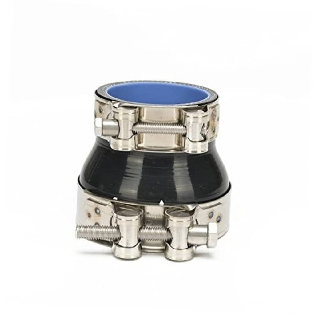 Black straight exhaust reducer with 4-ply hose, stainless clamps and blue inlet ring