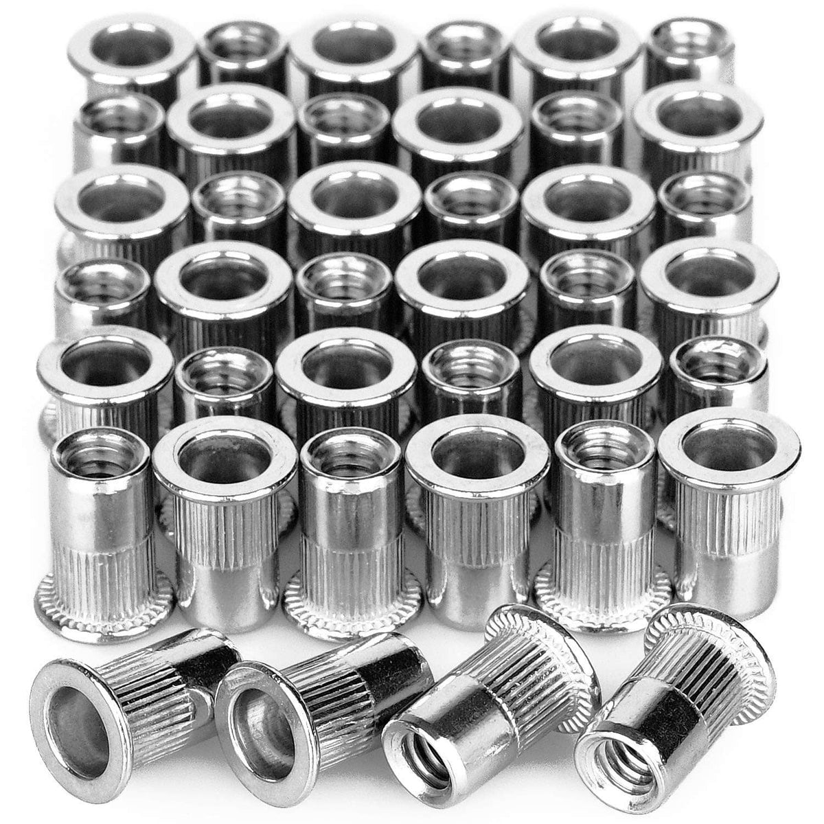 Set of stainless steel 1/4"-20 rivet nuts with knurled grip, 40 pieces
