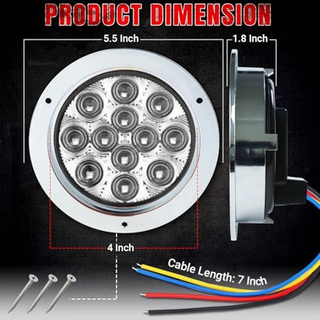 4-inch white LED strobe tail light with size diagram, chrome bezel, and cable leads.