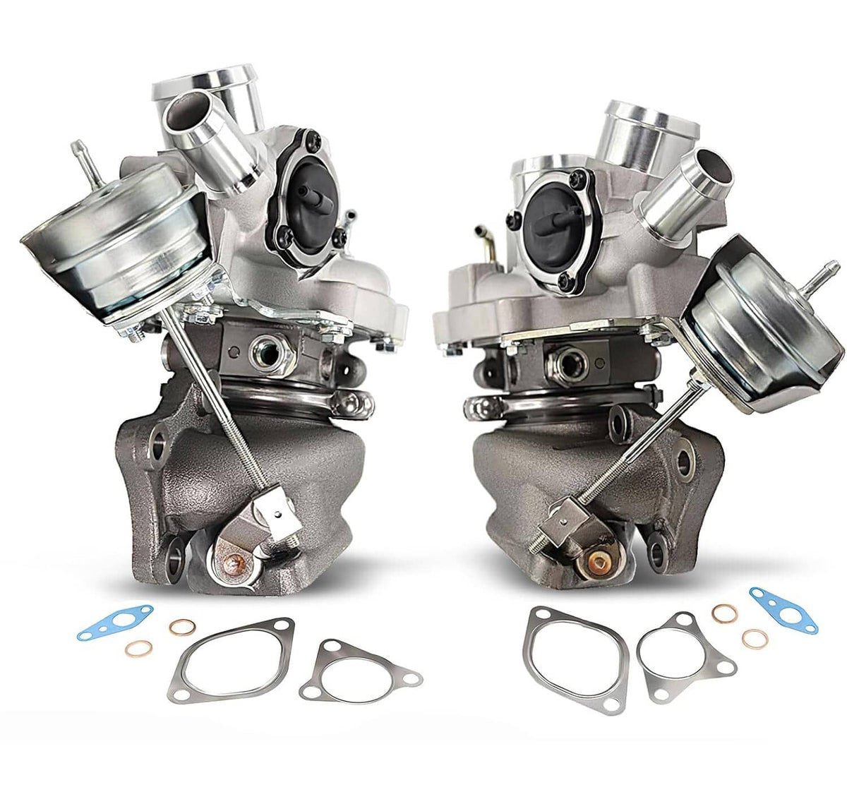 Two turbocharger assemblies with compressor housings, exhaust parts, and mounting brackets