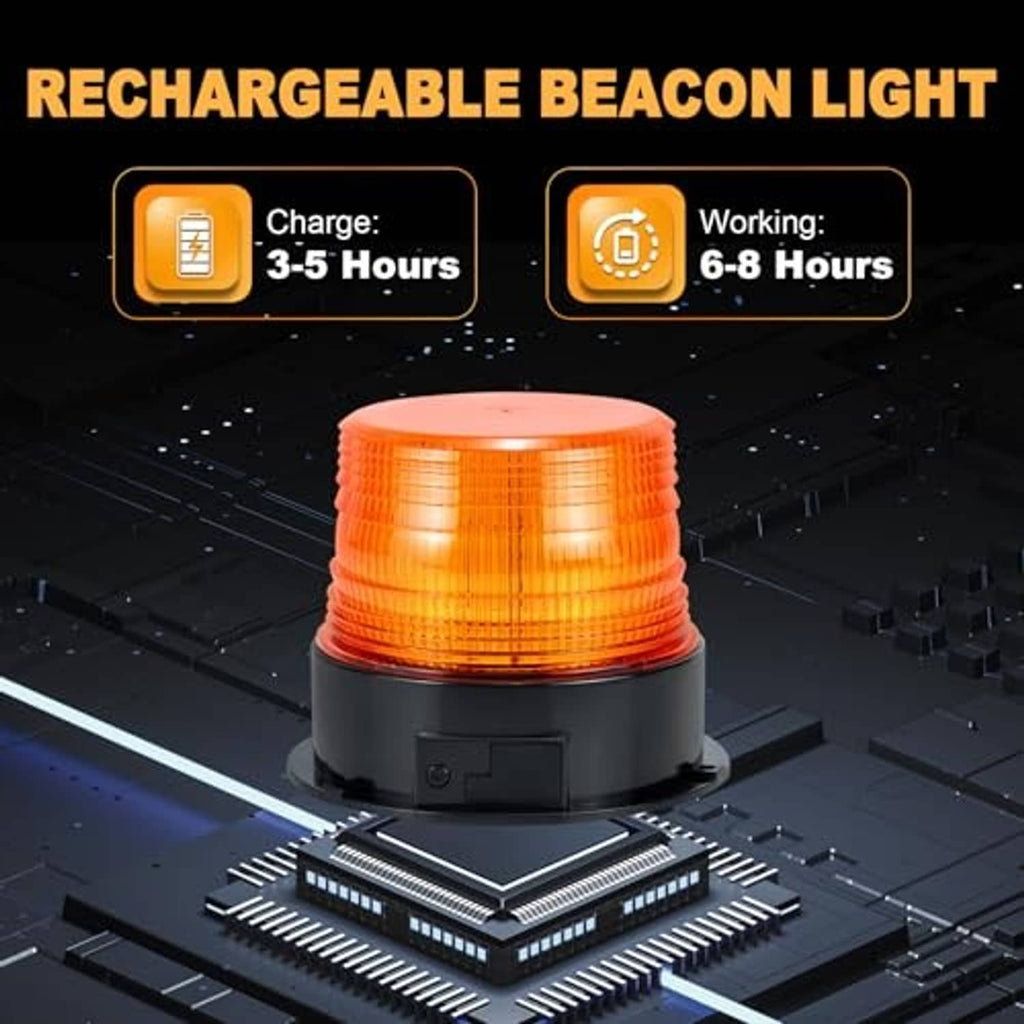 Rechargeable amber beacon light with glowing top and black base