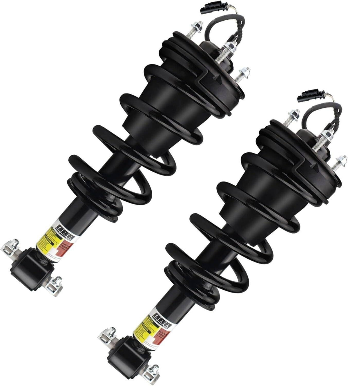 Two front shock strut assemblies with black springs and top mounting brackets