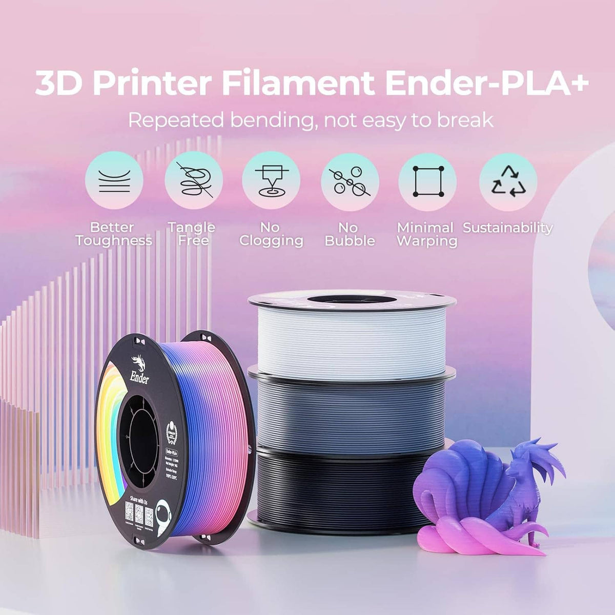 Rainbow PLA+ filament spool pair with dark spool and purple cat-shaped print