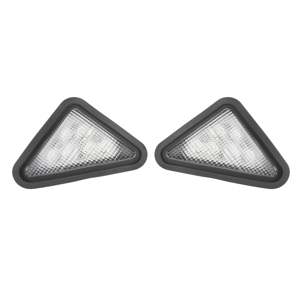 Two clear triangular reflector lights with black frames