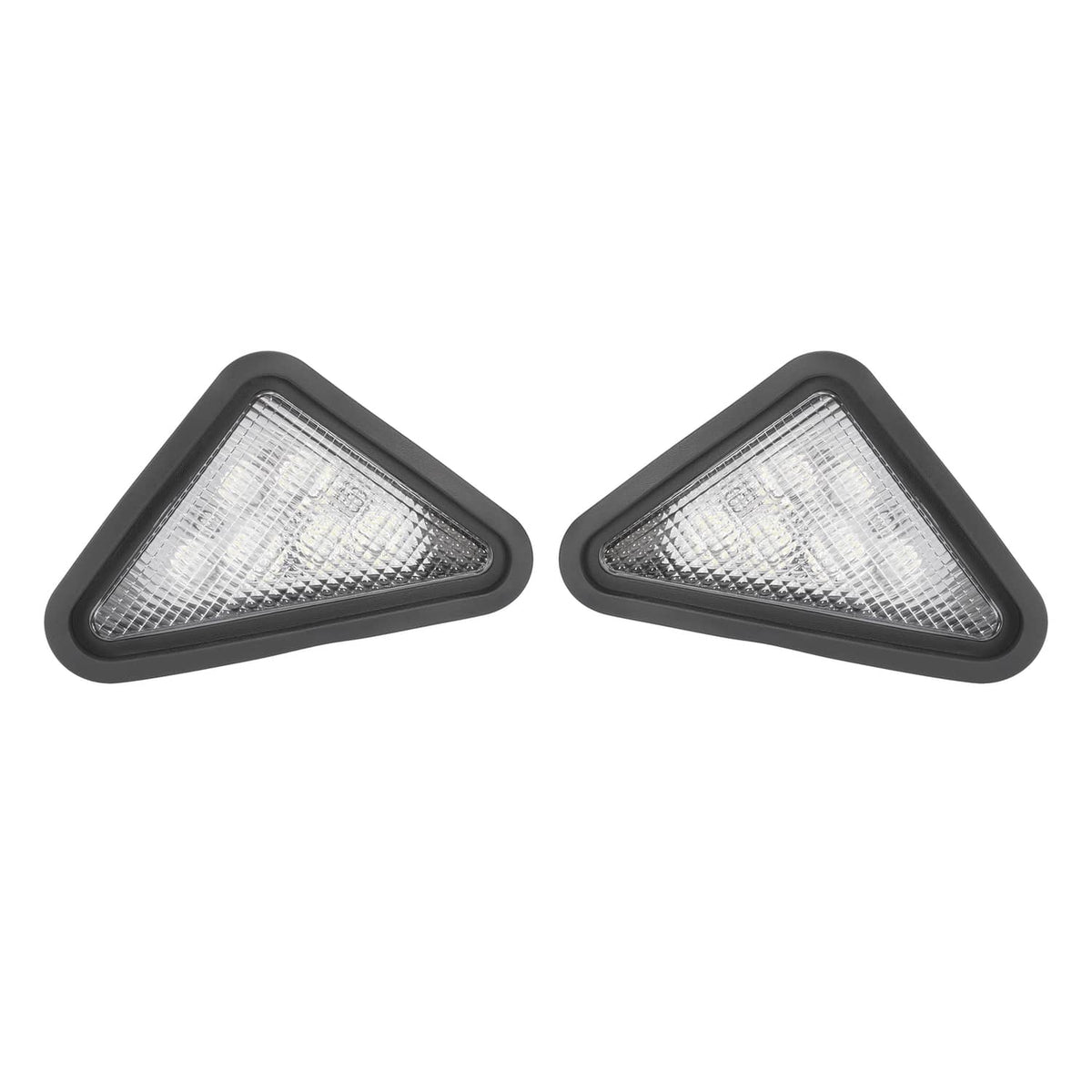 Two clear triangular reflector lights with black frames