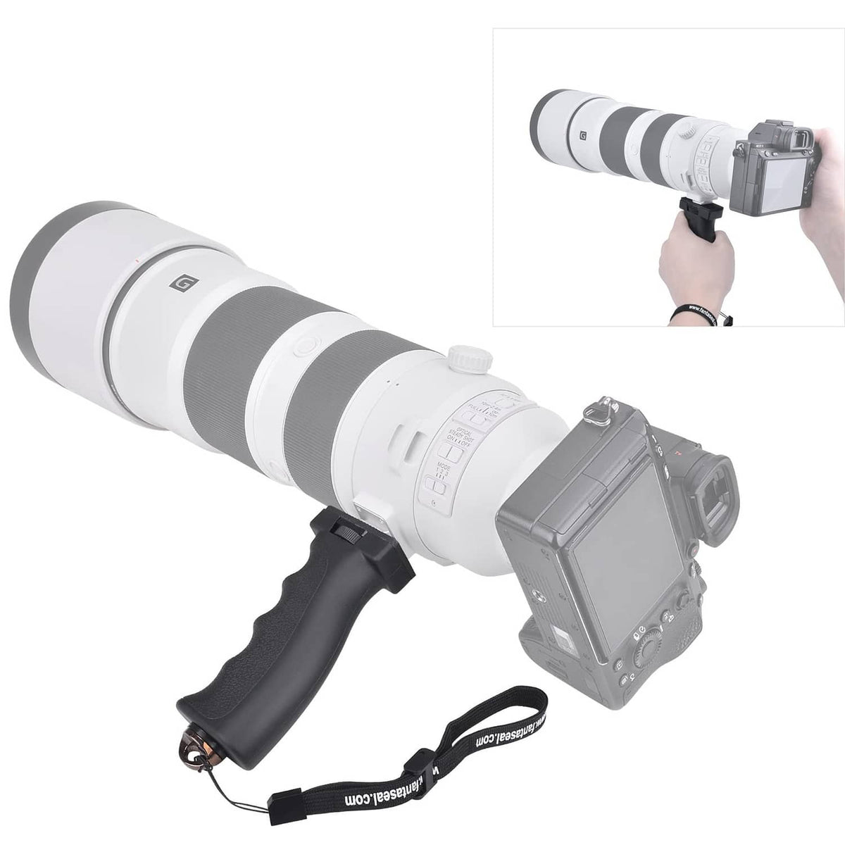 Black pistol-style camera grip with strap mounted to a camera rig