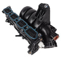 Black plastic air intake manifold with blue electrical connectors and hose ports