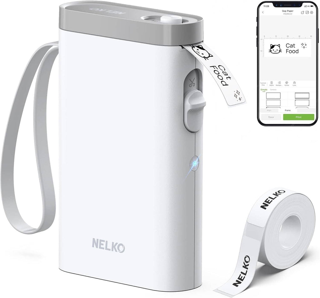 White handheld label maker with wrist strap, label tape roll, and Bluetooth app phone view