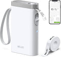 White handheld label maker with wrist strap, label tape roll, and Bluetooth app phone view