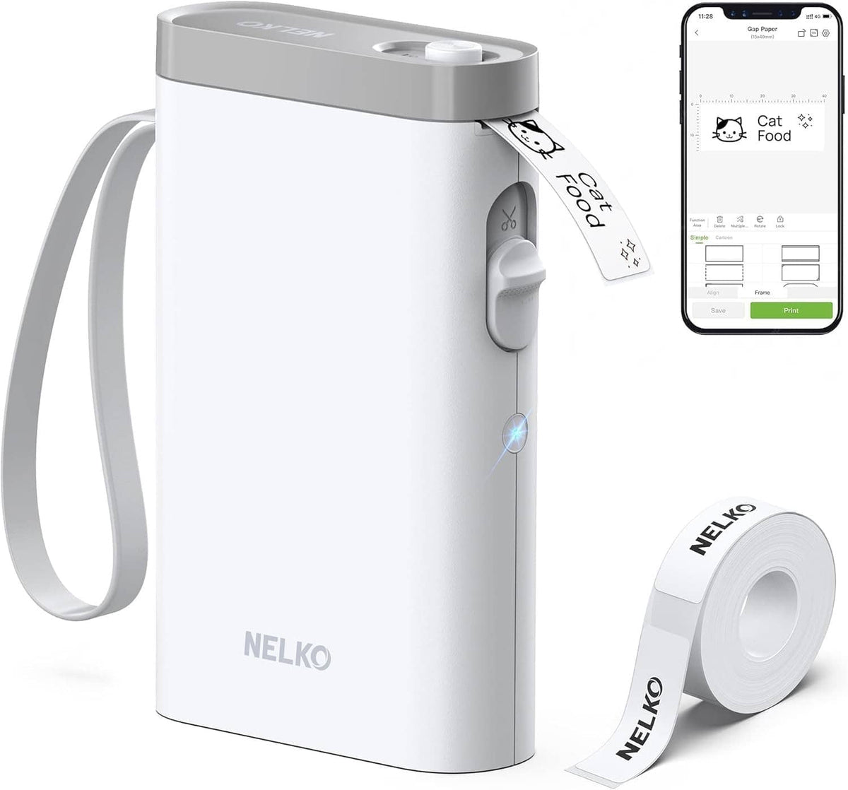 White handheld label maker with wrist strap, label tape roll, and Bluetooth app phone view