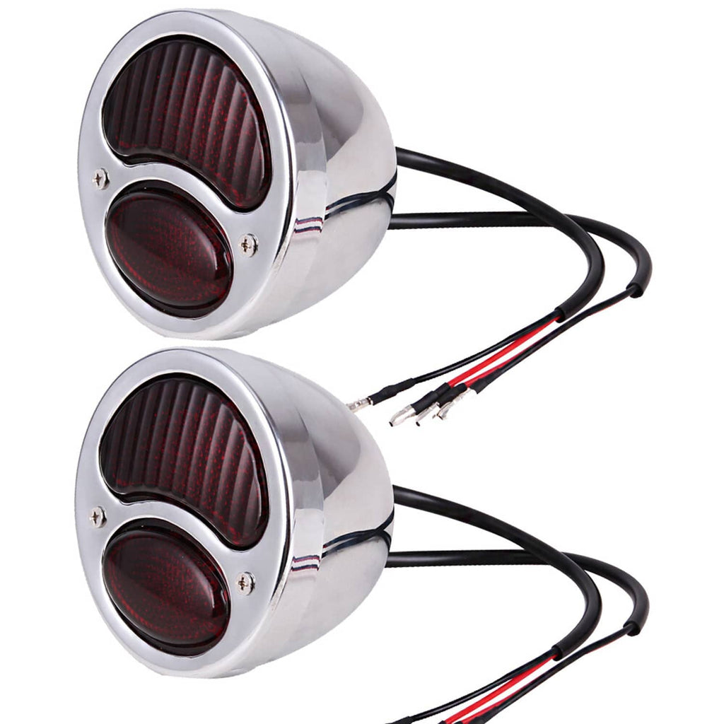 Pair of chrome LED tail lights with mounting studs and black/red oval lenses
