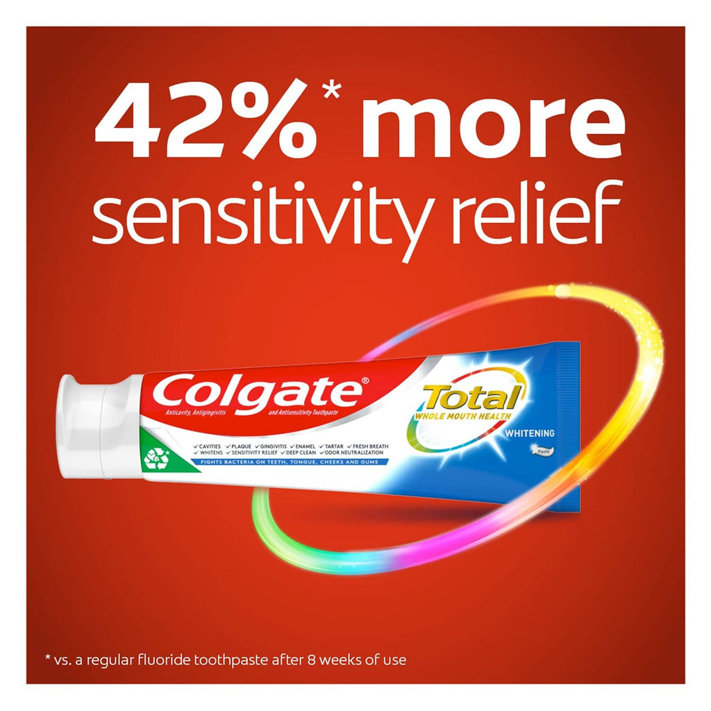 Colgate Total whitening toothpaste tube with 42% more sensitivity relief claim