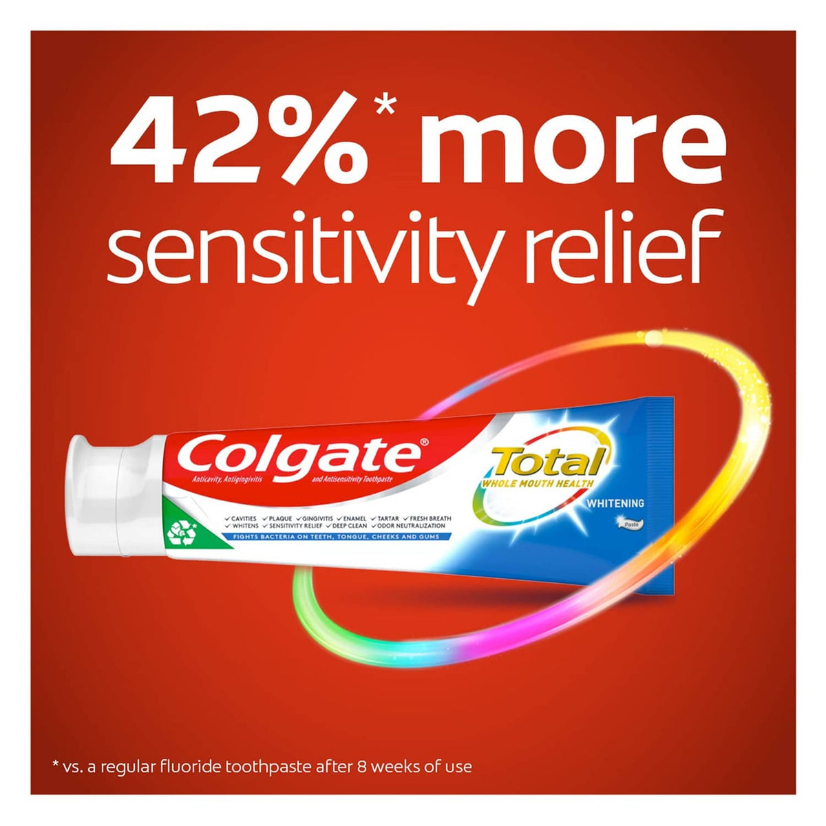 Colgate Total whitening toothpaste tube with 42% more sensitivity relief claim