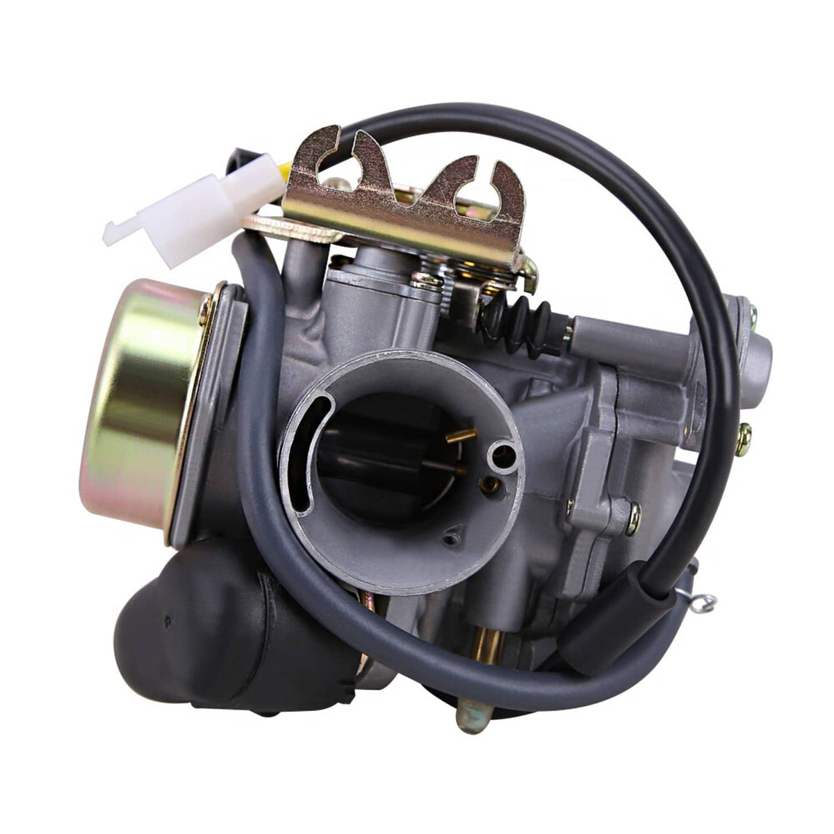 30mm GY6 carburetor angled view showing round intake throat and mounting plate