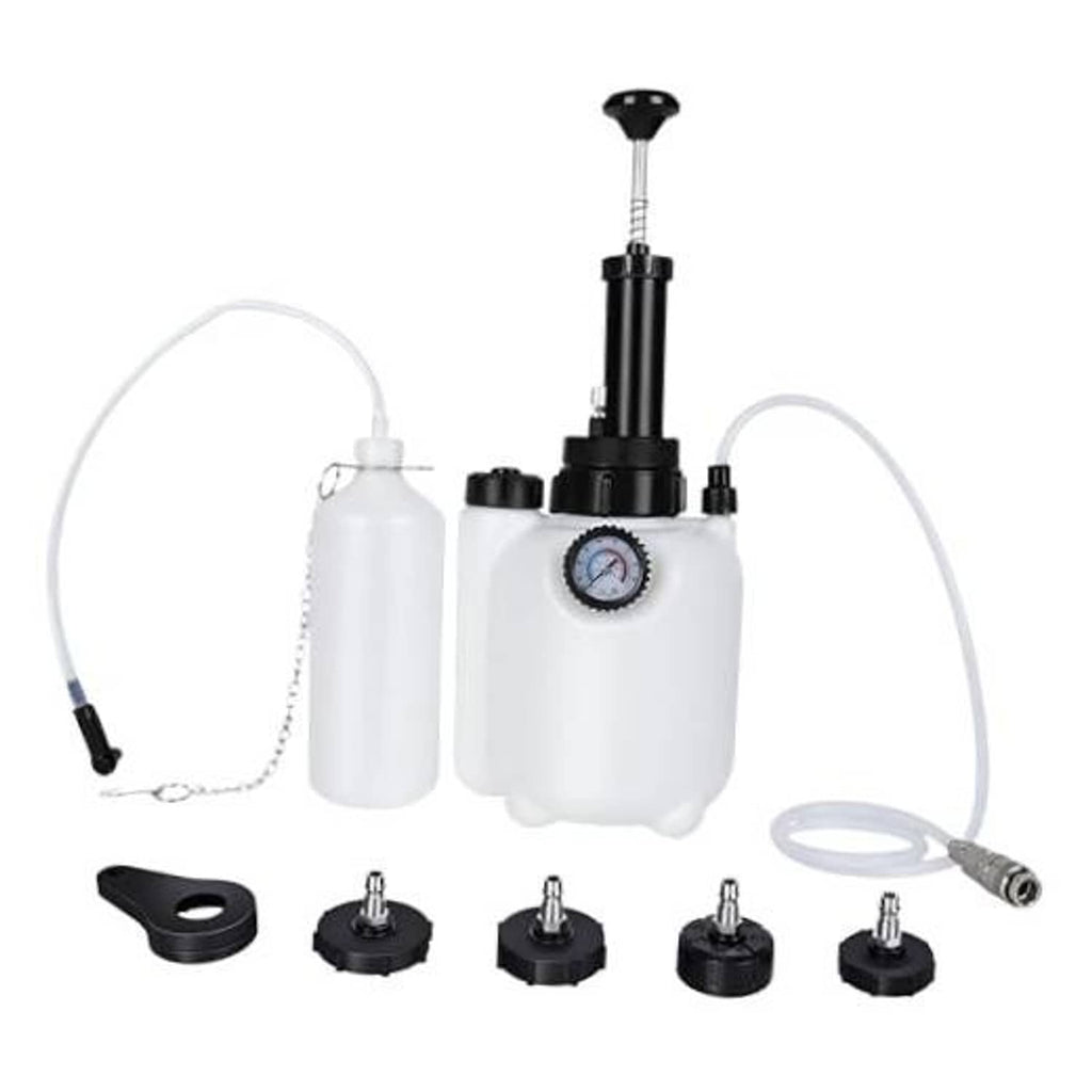 Brake fluid vacuum bleeder kit with white reservoir, gauge, hose, and adapters