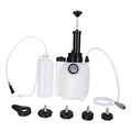 Brake fluid vacuum bleeder kit with white reservoir, gauge, hose, and adapters