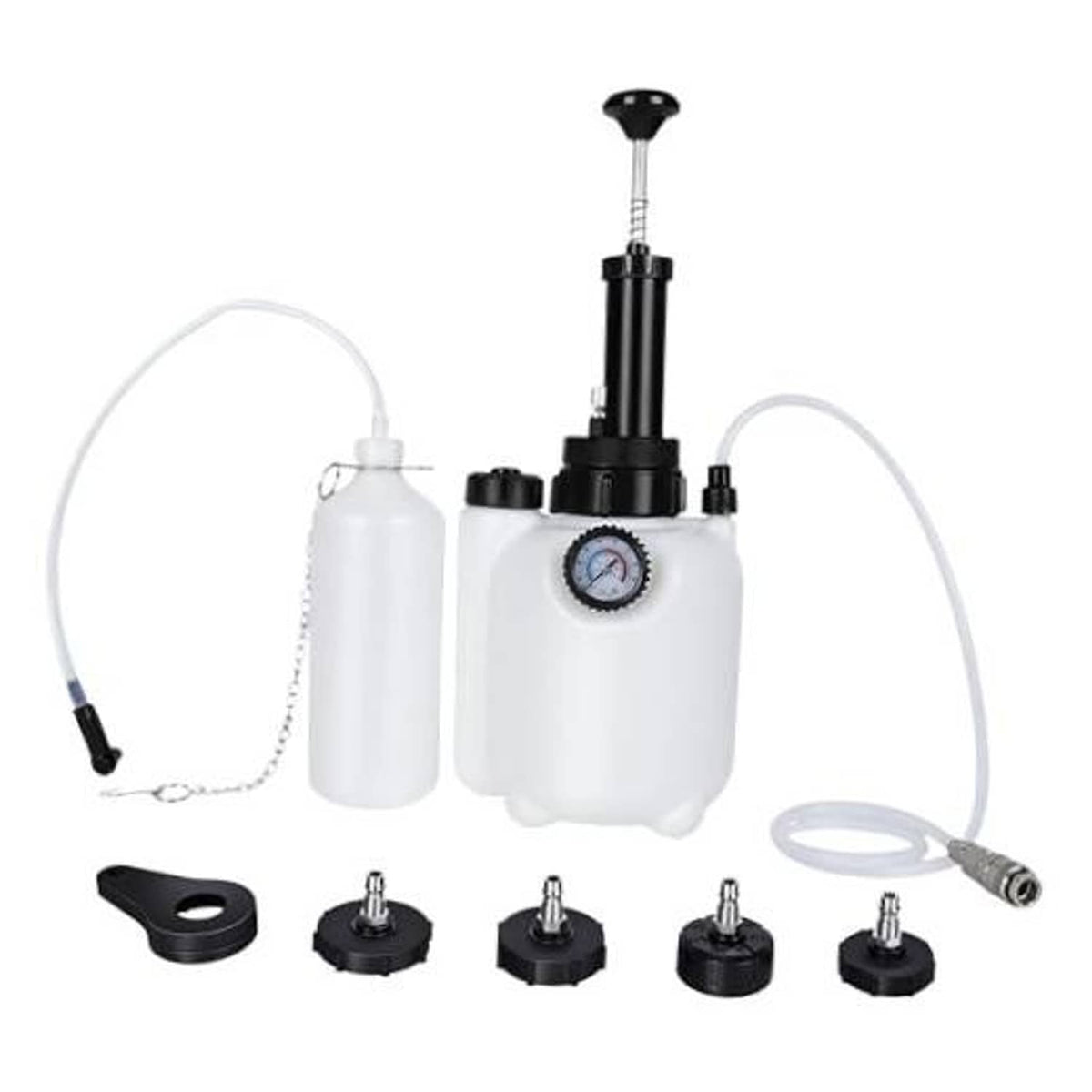 Brake fluid vacuum bleeder kit with white reservoir, gauge, hose, and adapters