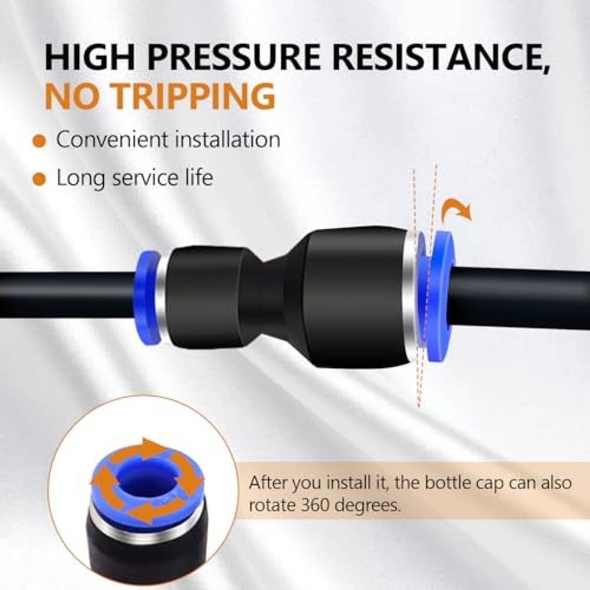 Push-to-connect reducer fitting joining two black hoses, blue sealing collars