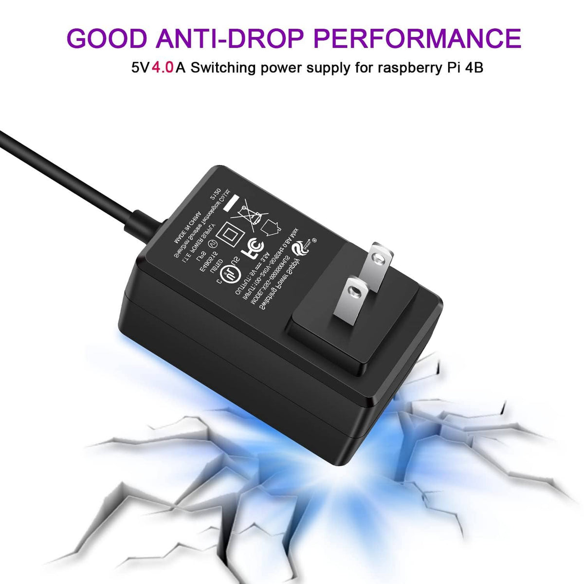 Black 5V 4A switching power supply with plug head and label on top