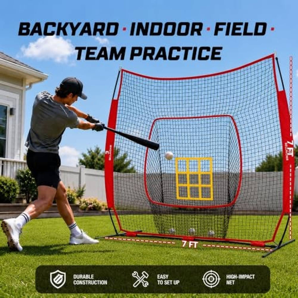 Red-and-white baseball practice net with yellow strike zone target and bow frame.
