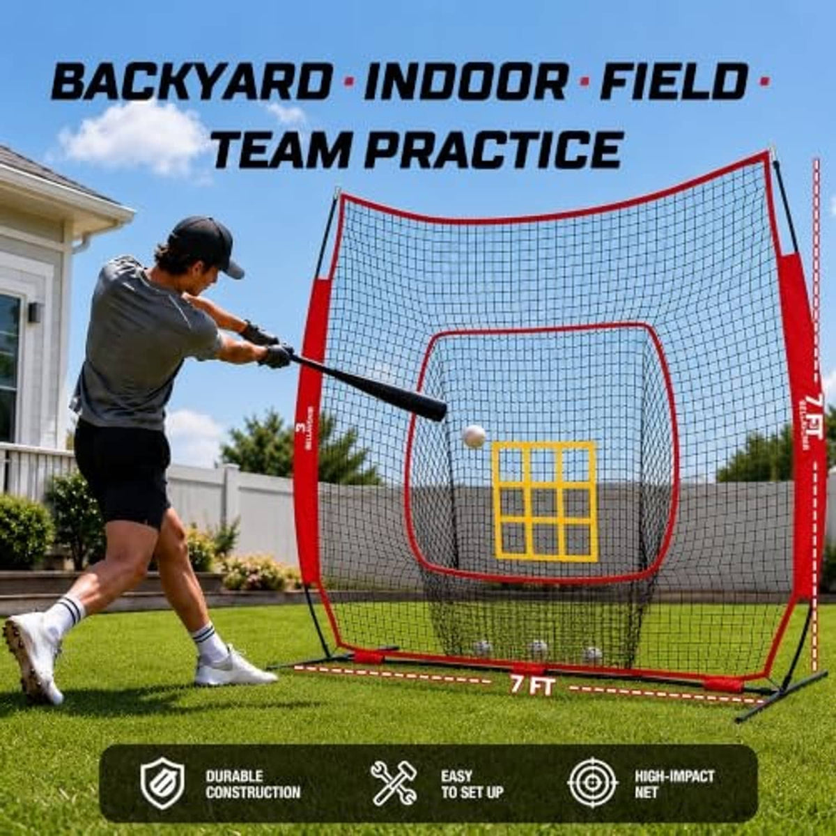 Red-and-white baseball practice net with yellow strike zone target and bow frame.