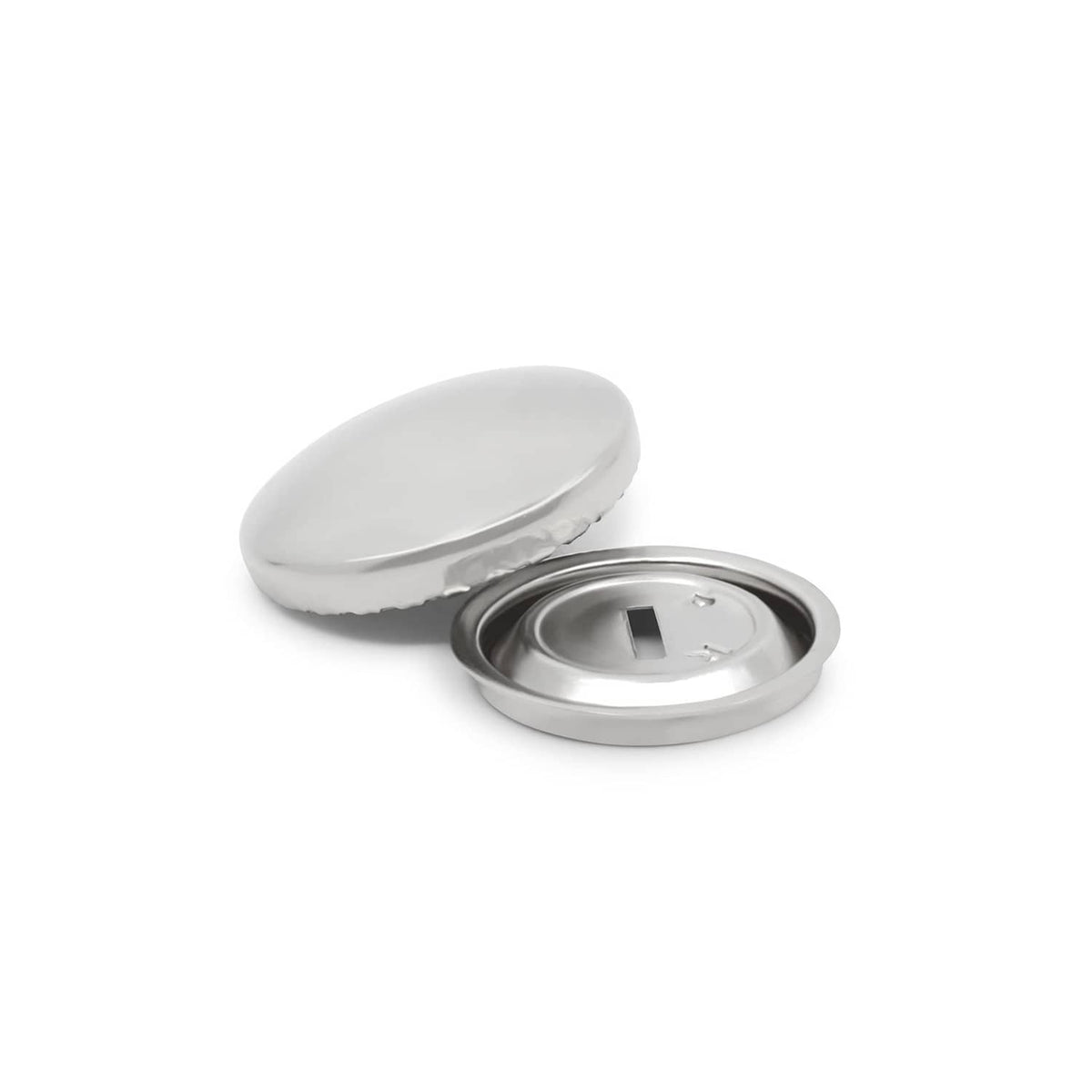 Nickel half-ball cover button with domed cap and open snap base