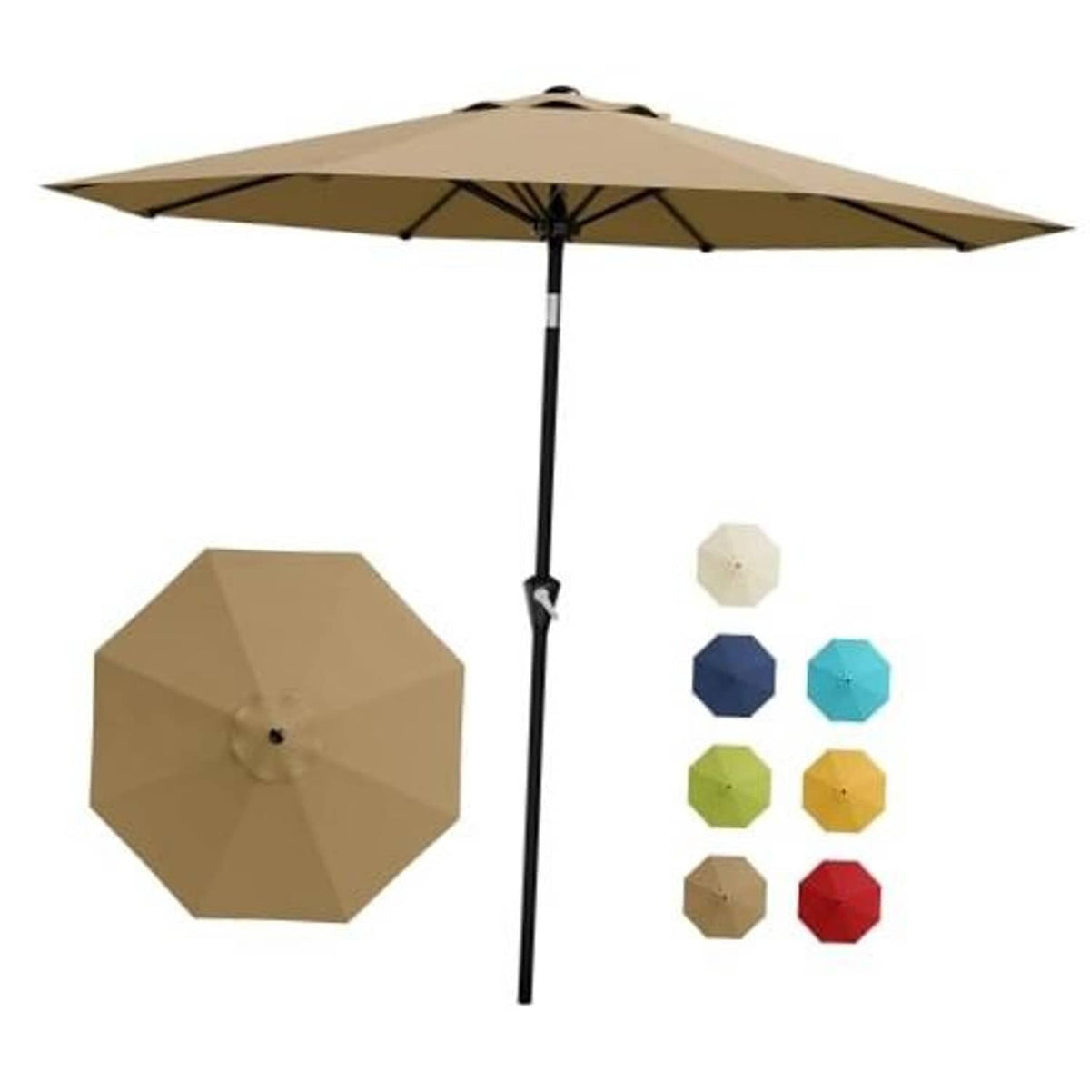 Tan patio umbrella with octagonal canopy and black pole, smooth crank lift