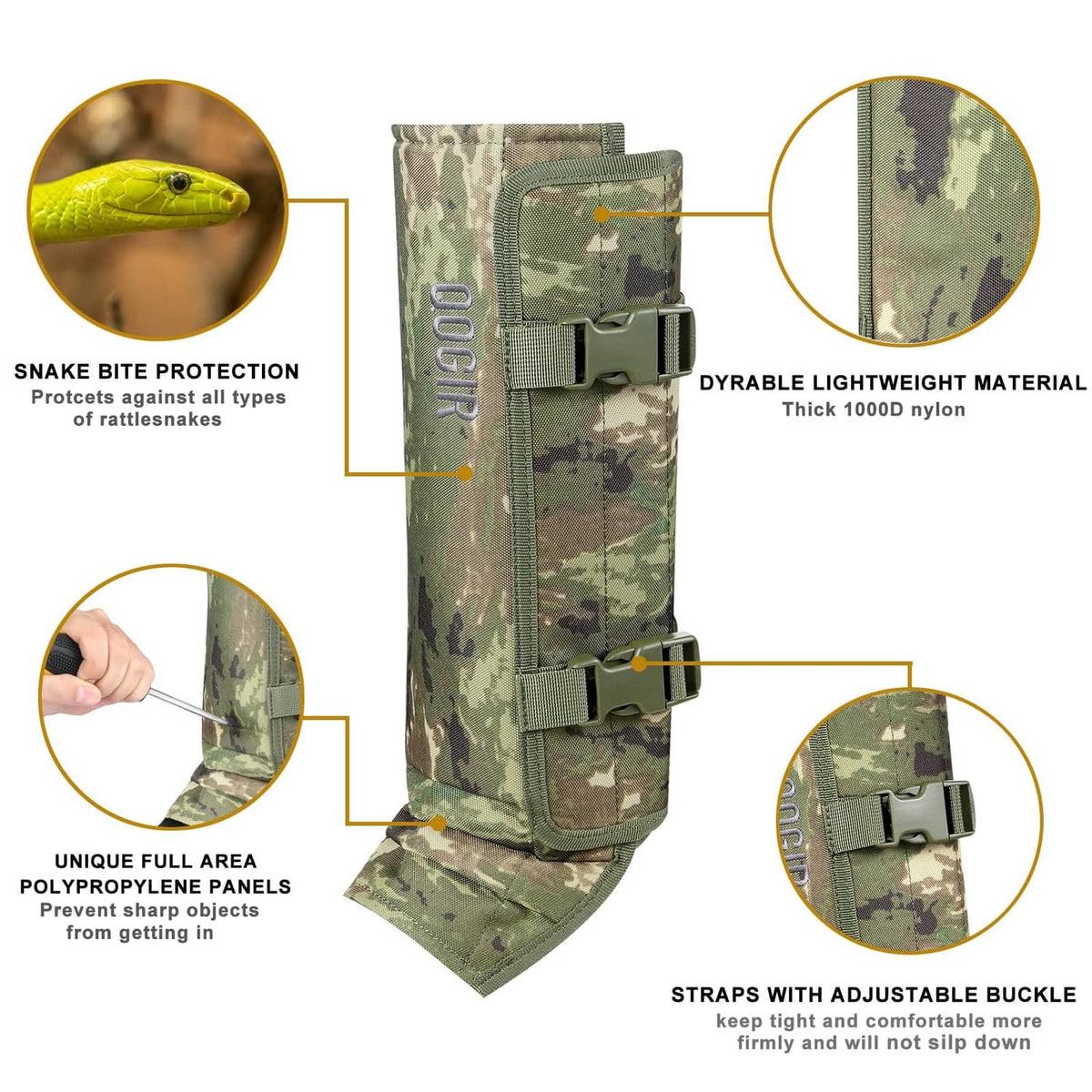 Camouflage snake gaiters with adjustable straps and protective panel over the leg.