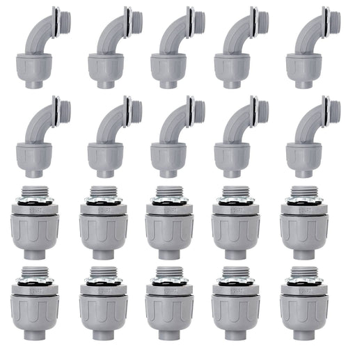 Gray PVC liquid-tight conduit connector pack with 90° and 180° elbow fittings