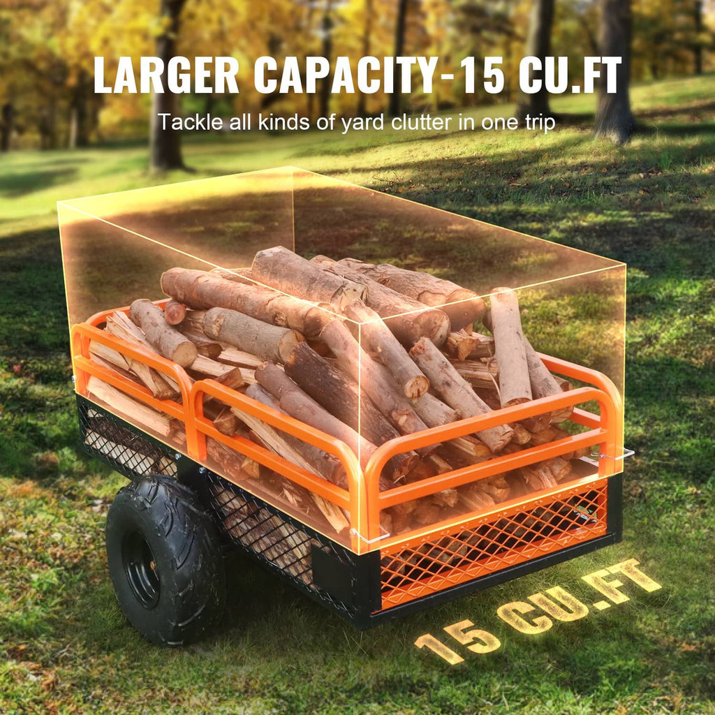 Orange tow-behind dump cart with mesh sides, logs tipped in open bed
