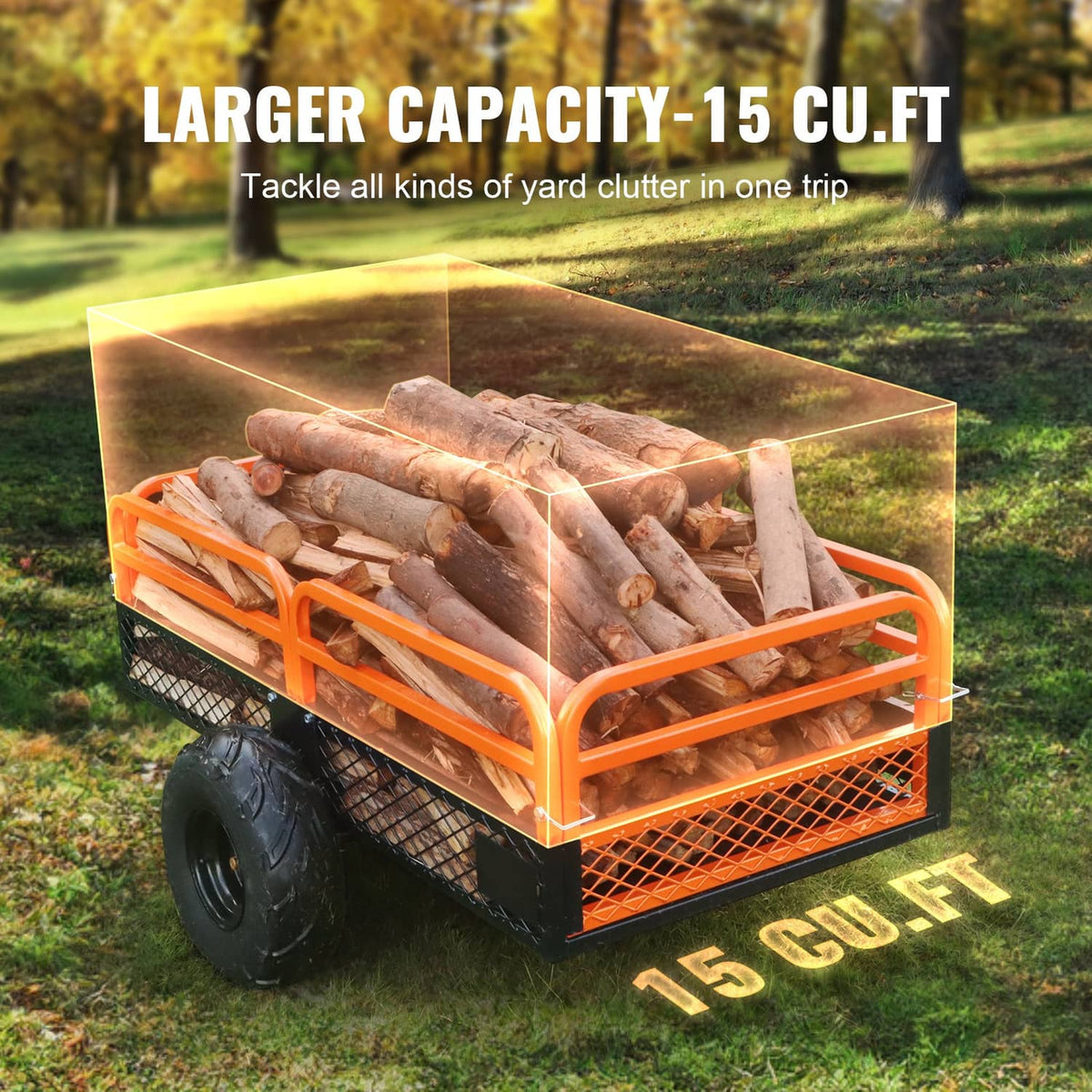 Orange tow-behind dump cart with mesh sides, logs tipped in open bed