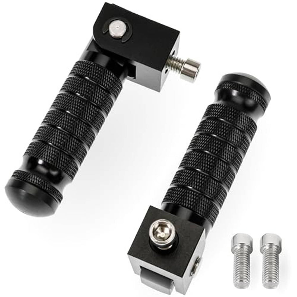 Pair of black motorcycle foot pegs with knurled grips and foldable mounting brackets