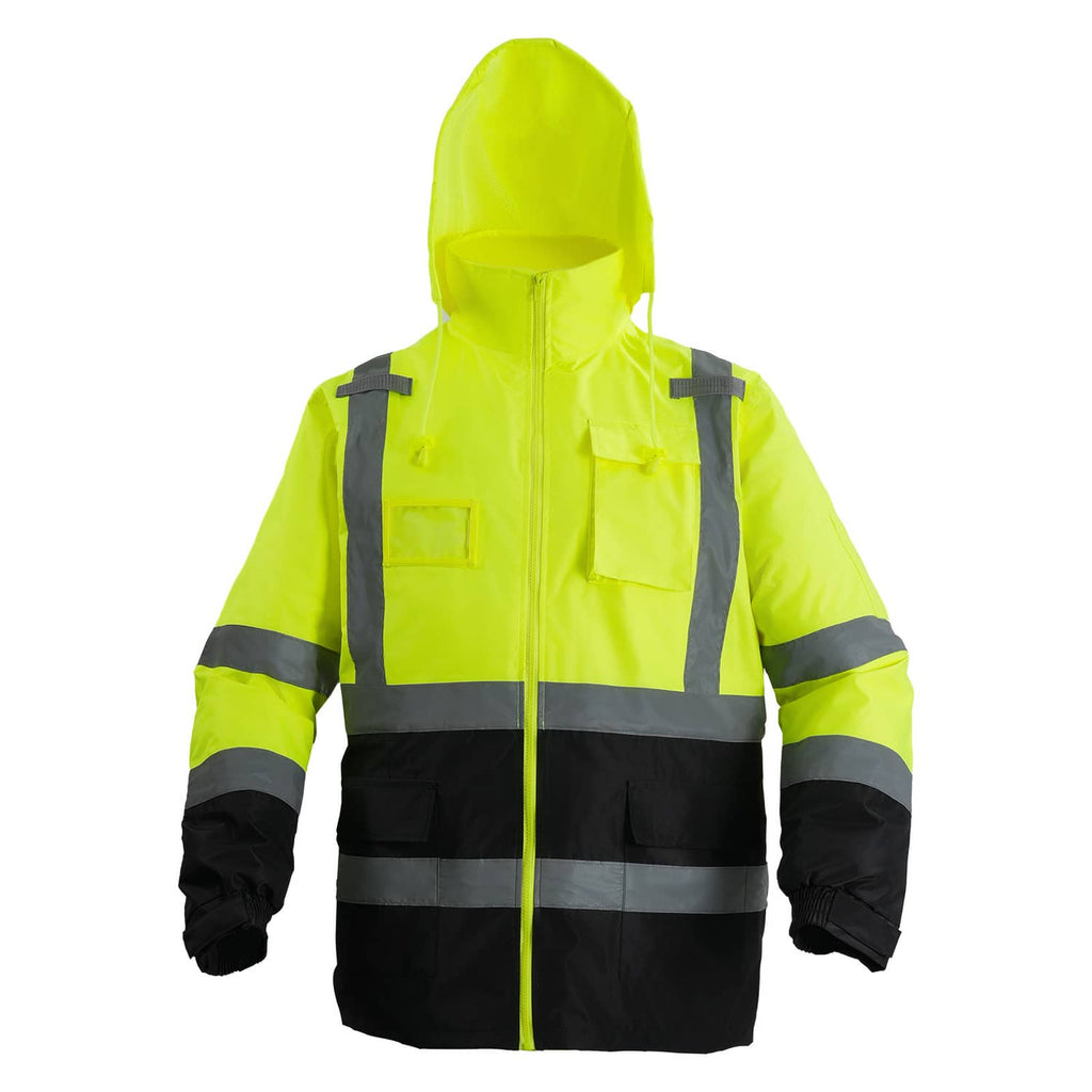 Hi-vis reflective safety jacket with hood, zip front and black reflective bands