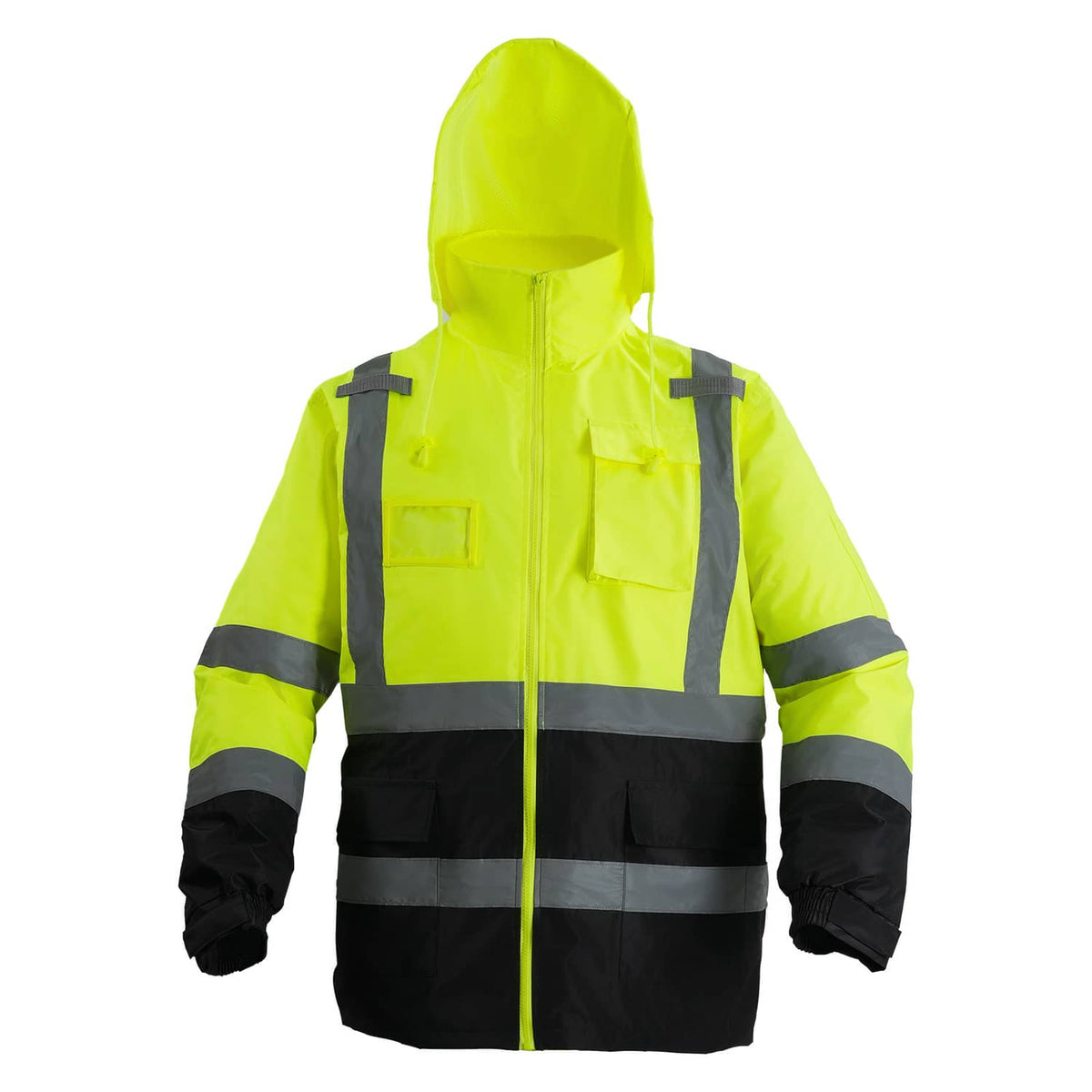 Hi-vis reflective safety jacket with hood, zip front and black reflective bands