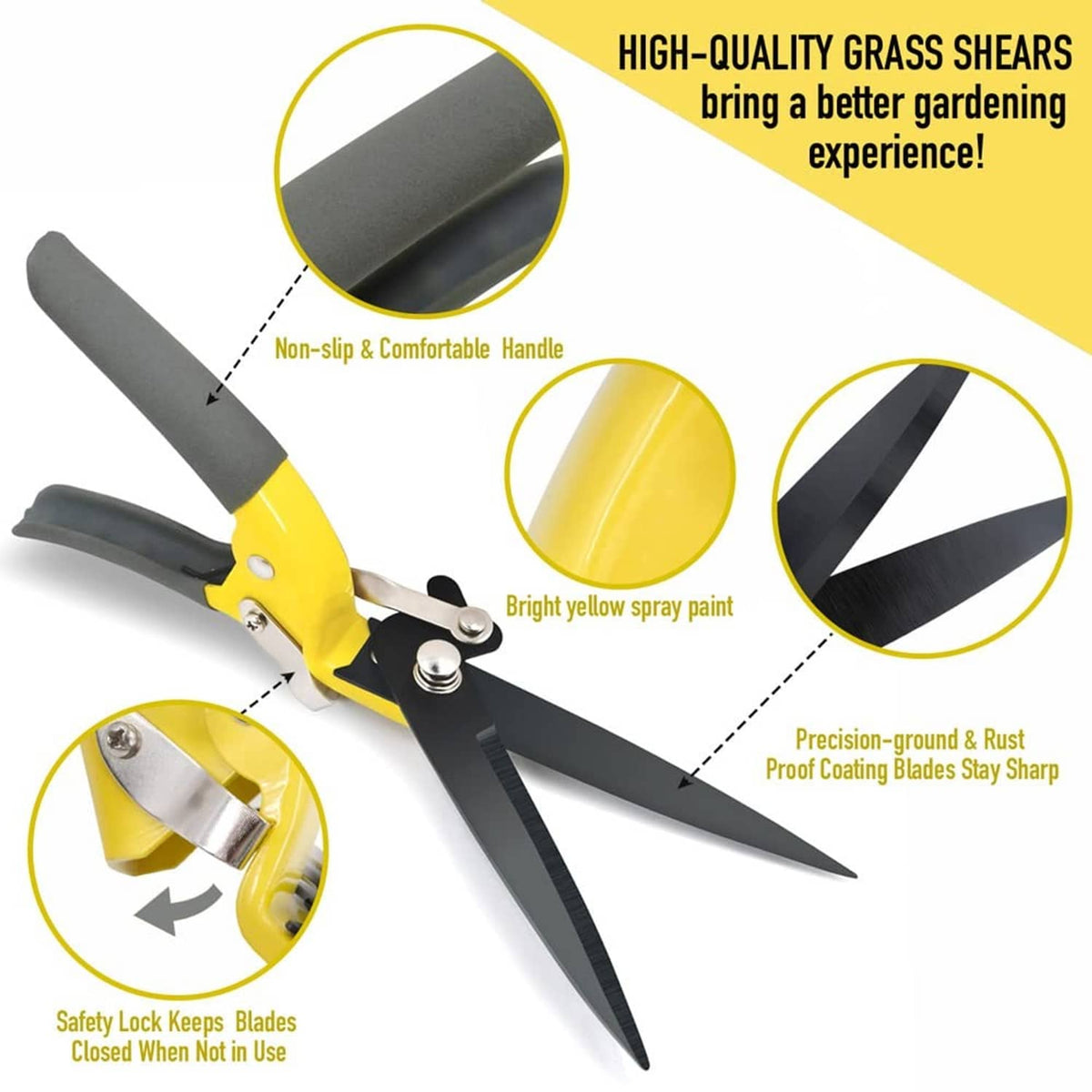 Yellow grass shears with non-slip gray handle grips and two dark blades