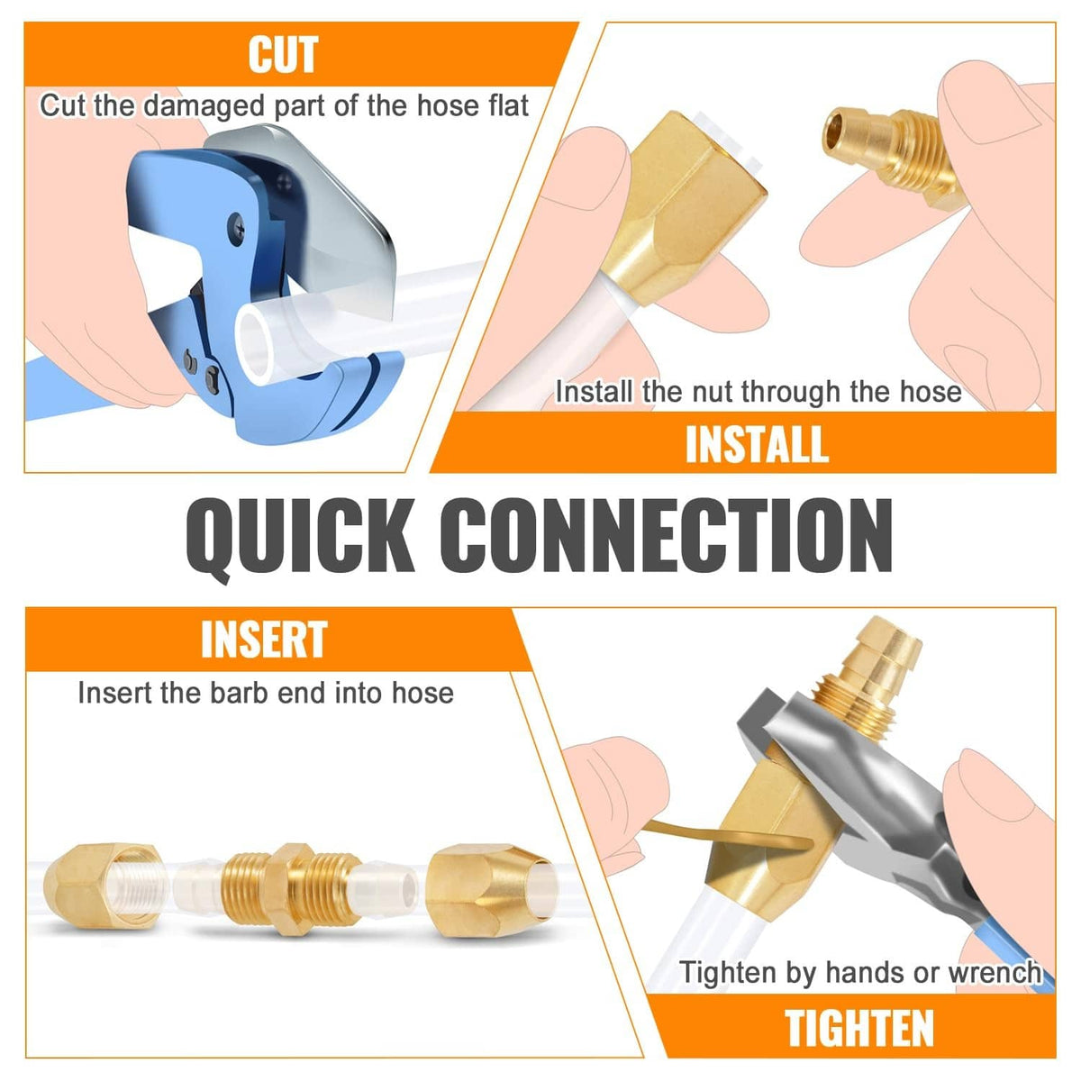 Brass quick-connection air hose repair splicer with barbed insert and nut