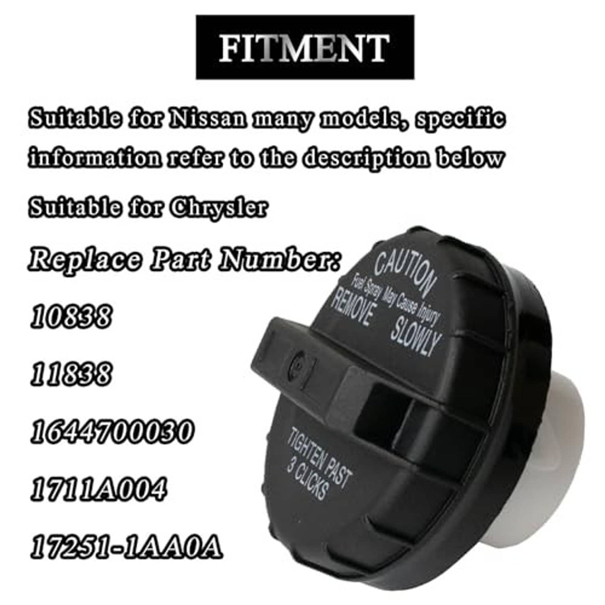 Fuel tank gas cap with “CAUTION” label and replace part number list on background