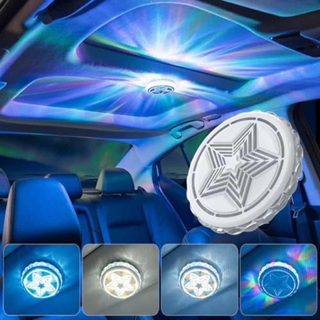 Round magnetic car ceiling LED light glowing blue, white, and multicolor modes