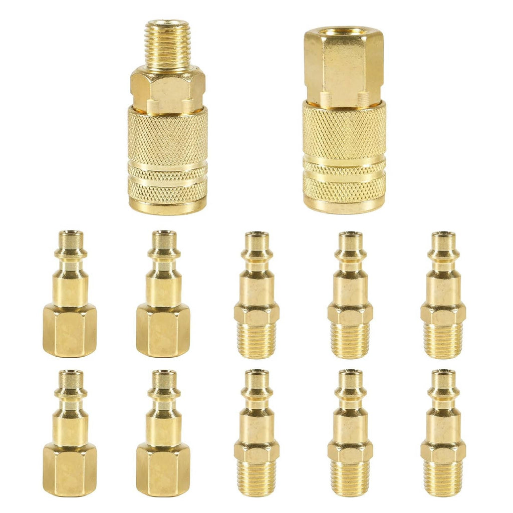 Brass air coupler and plug kit, 12pc 1/4" NPT quick-connect fittings set