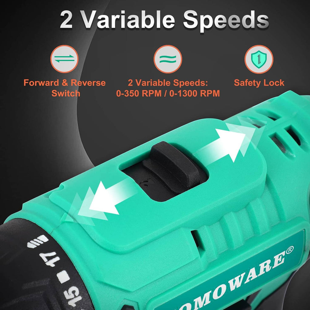 Cordless drill close-up of teal housing with speed control and safety lock switch