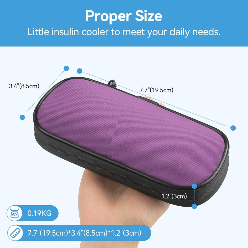 Compact purple and gray insulin cooler case held in hand, oval zippered design