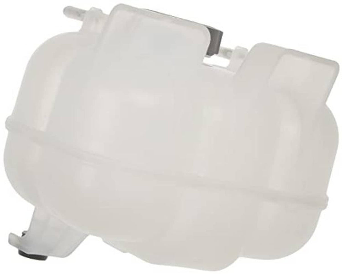 Pressurized coolant reservoir; translucent white plastic tank with side fittings